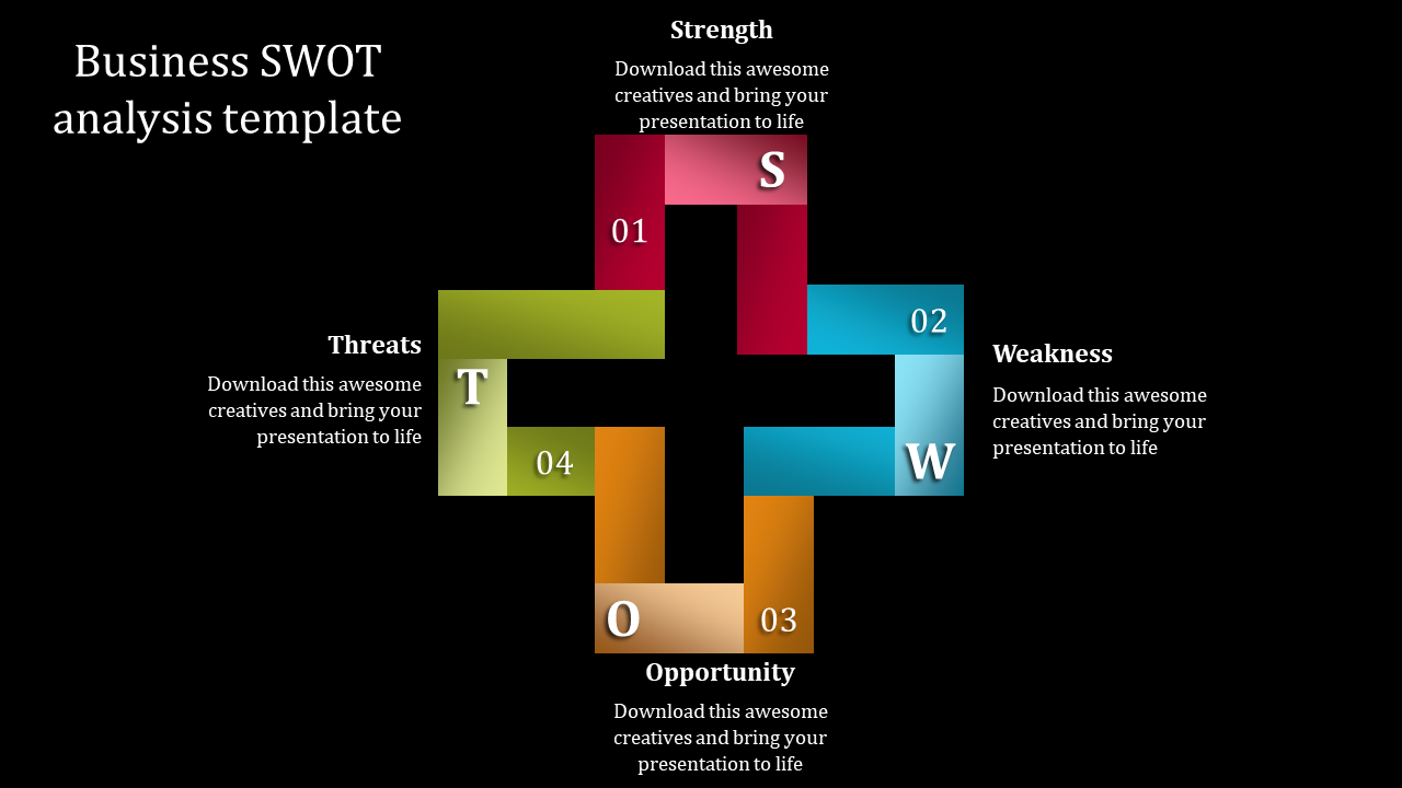 Infographic design for SWOT analysis with four distinct sections labeled S, W, O, and T in red, blue, orange, and green.