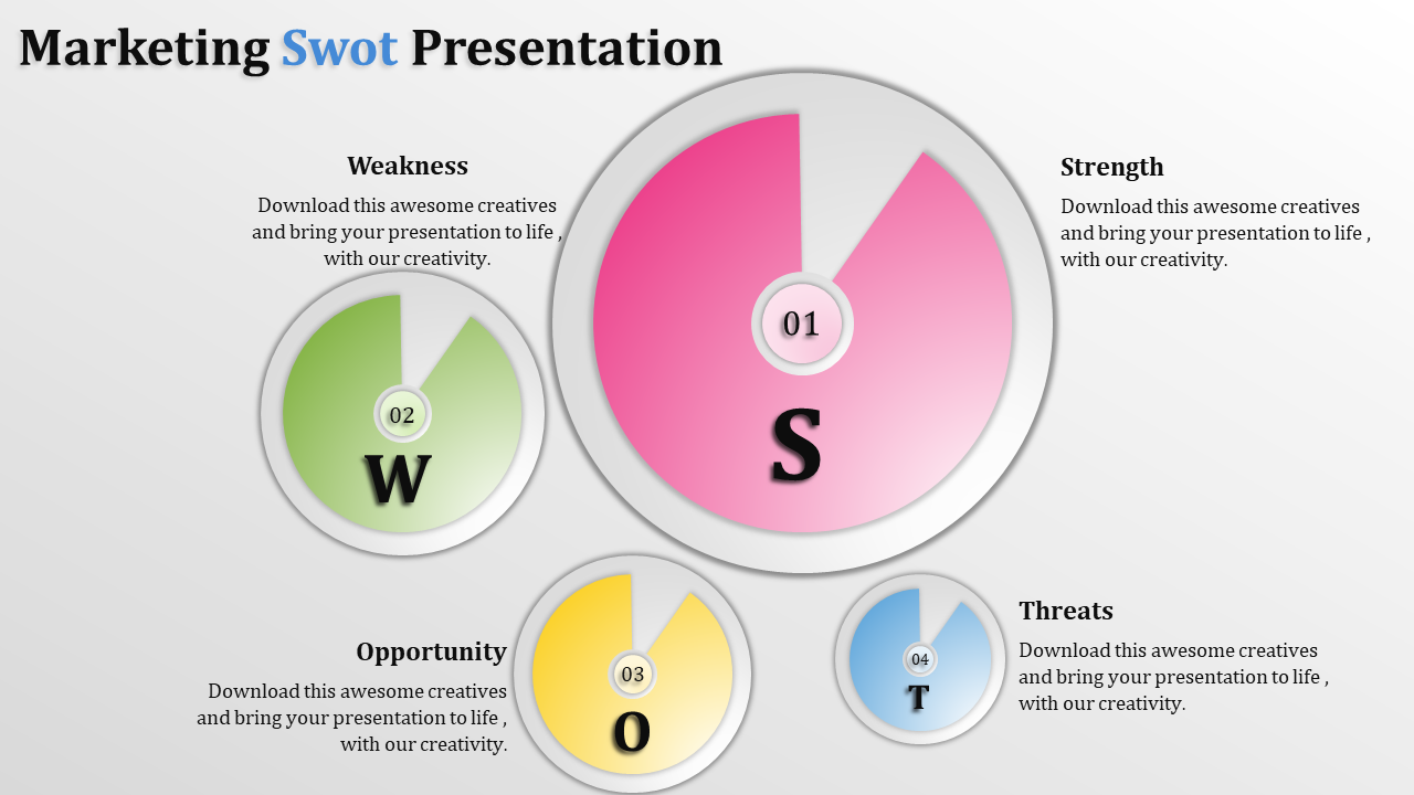 Four-segment circular infographic showcasing SWOT analysis with distinct colors for each placed with caption areas.