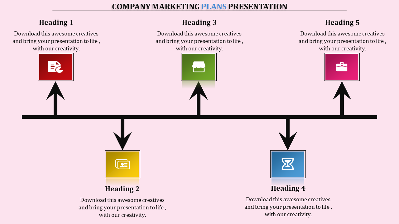 Timeline template with five steps, each featuring icons for document, store, box, time, and briefcase on a pink theme.