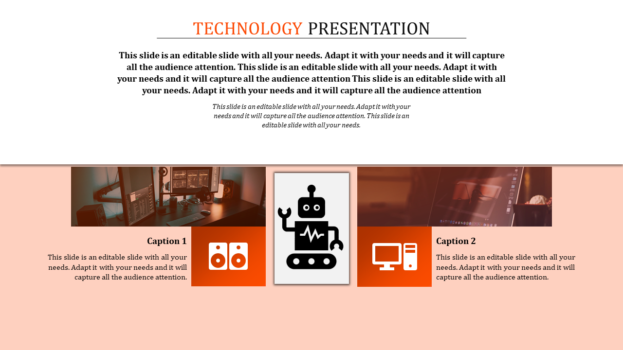 Slide layout for technology  with a robot icon, captions below with tech-themed images and caption areas.
