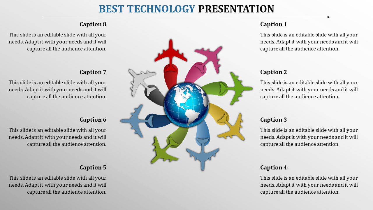 A technology slide featuring a globe with colorful planes around it, with captions.