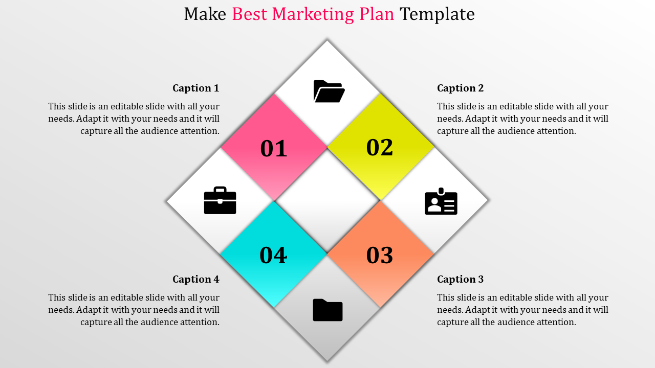 A colorful marketing plan template slide with four sections, each featuring an icon and captions.
