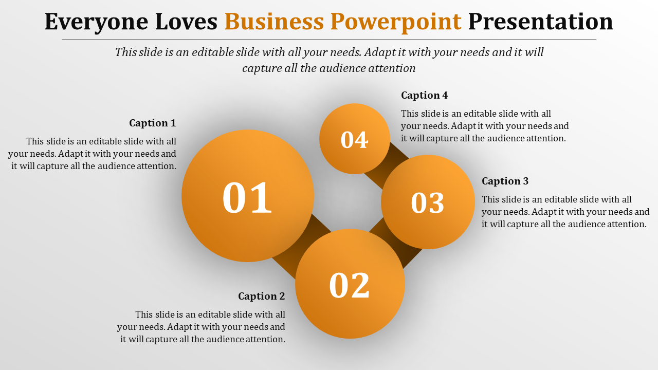 Business slide with four numbered orange circles labeled 01 to 04, connected by brown diagonal bars.