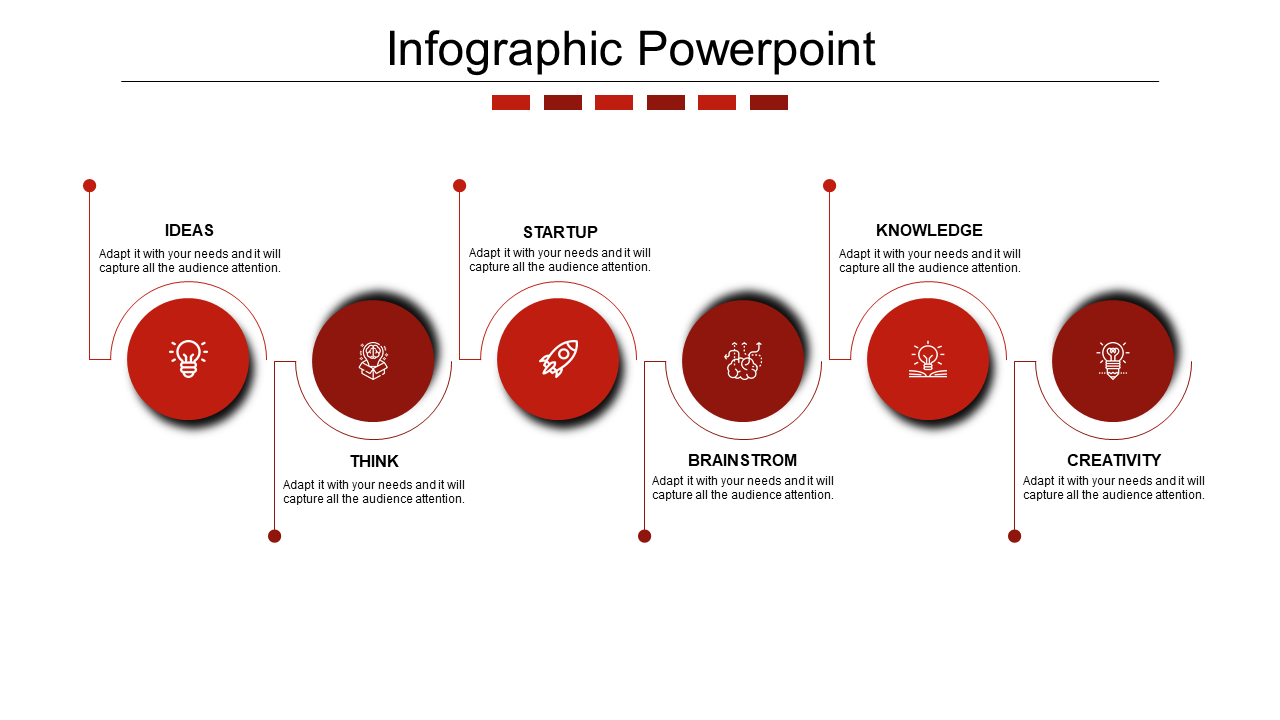 Red themed infographic with six circular elements, connected by curved lines, on a clean white backdrop.