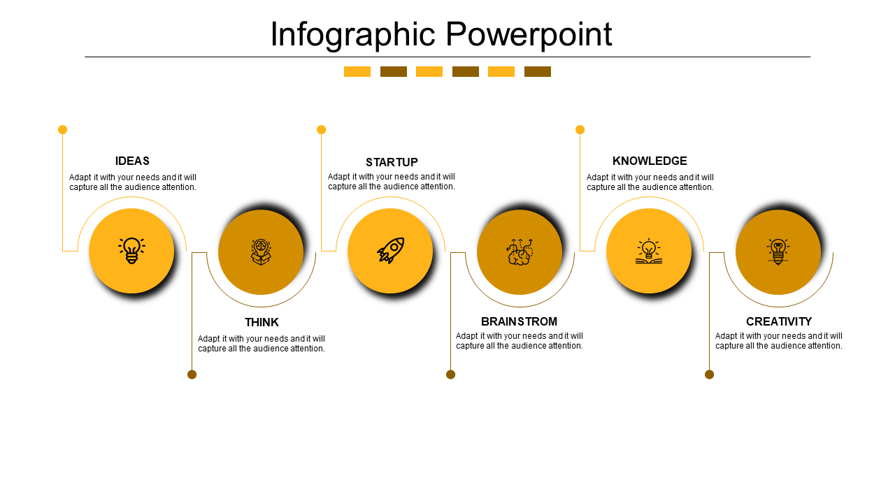Timeline infographic with five yellow circles connected by lines representing sequential steps placed in white backdrop.