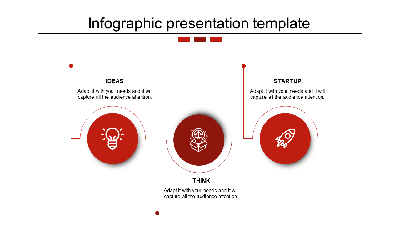 Infographic slide featuring three red circular icons for Ideas, Think, and Startup, arranged horizontally with captions.