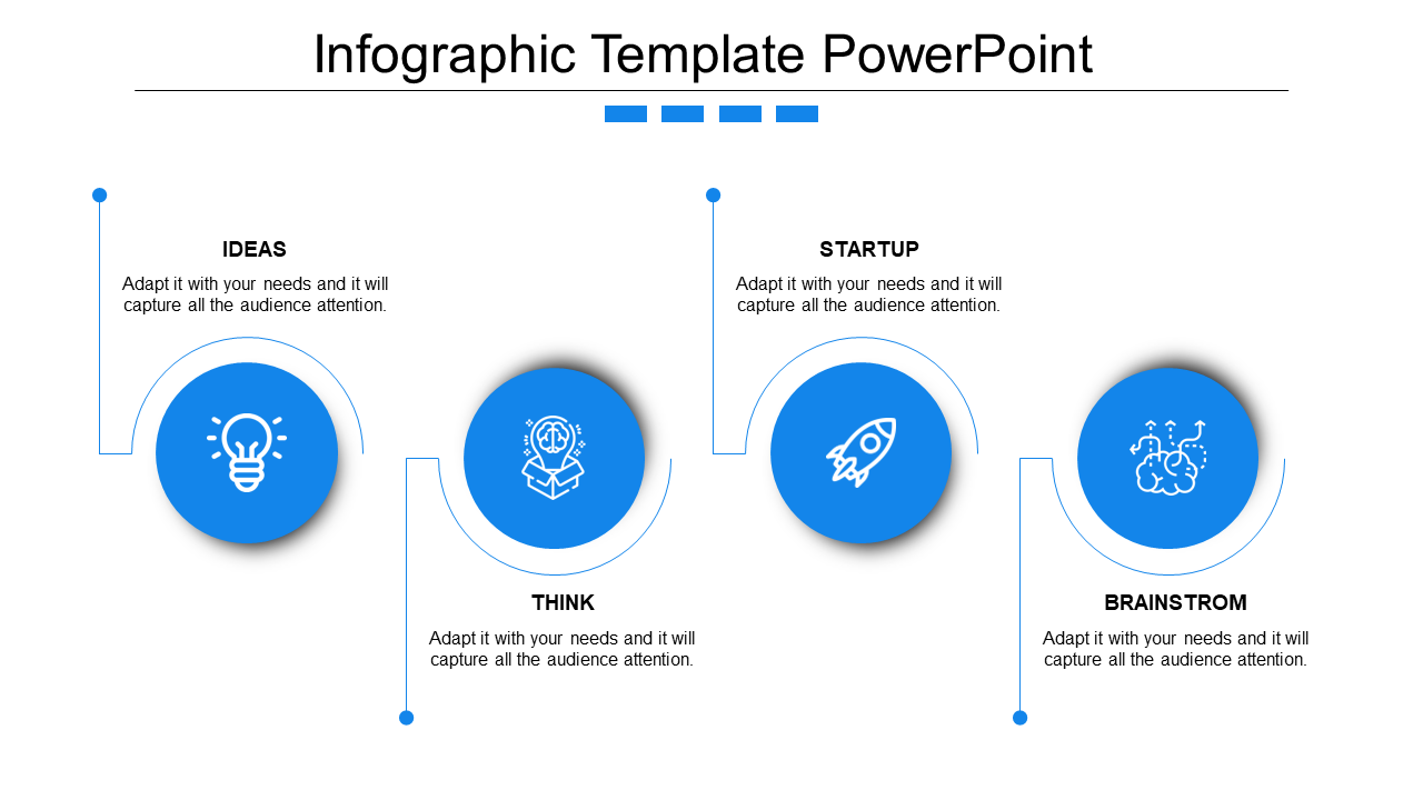 Horizontal process infographic featuring blue circles with icons for ideas, startup, and more placed in white backdrop.