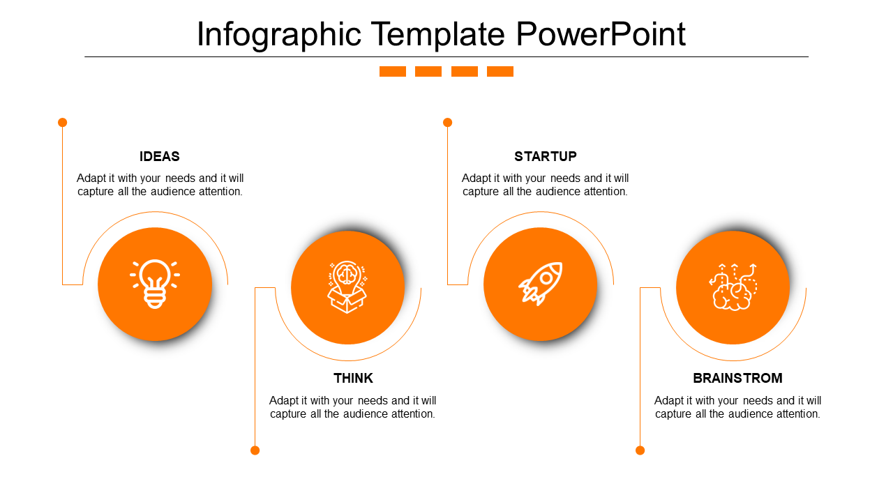 Timeline infographic with four orange circles connected by lines representing sequential steps placed in white backdrop.