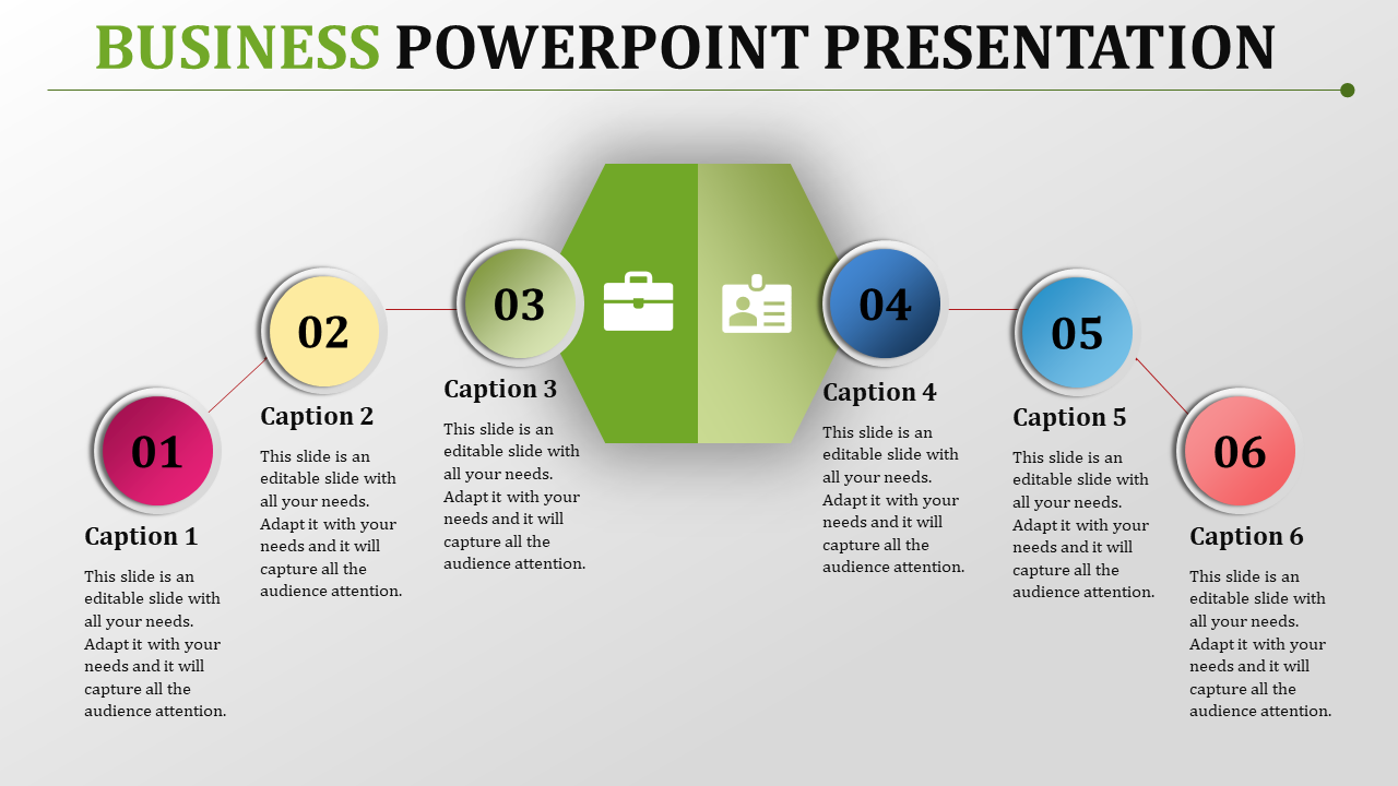 A business PowerPoint presentation slide showing six sections, each with an icon.