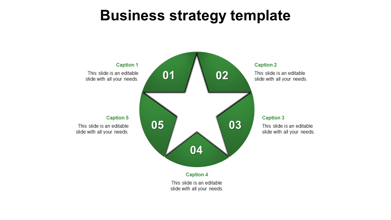 Slide featuring a star shaped layout with five green sections, each labeled with a number and space for captions.