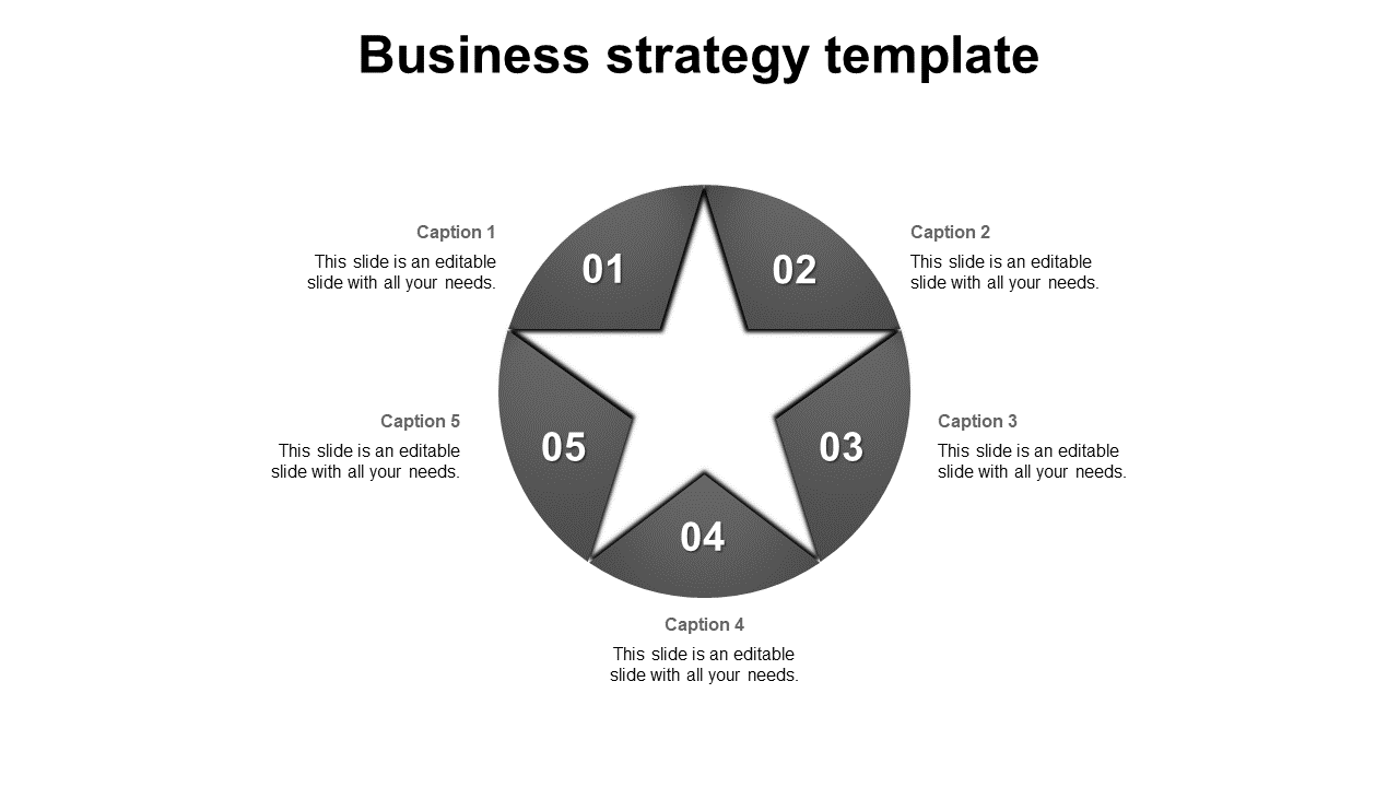 Business strategy PowerPoint template with a grey star shape and five caption sections on a white backdrop.