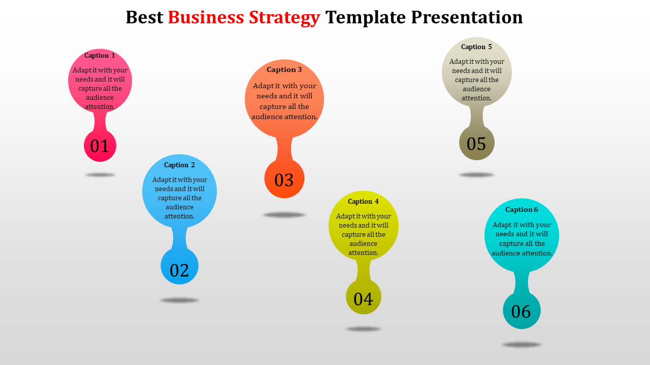Business strategy template with six colorful circular labels, numbered 1 to 6, featuring captions for key strategy steps.
