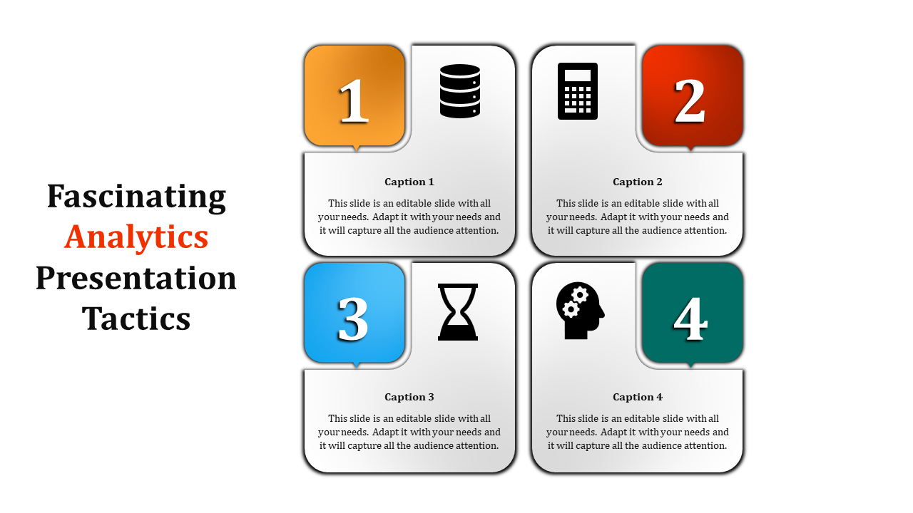 Analytics tactics slide with four numbered captions in orange, red, blue, and green, each paired with relevant icons.