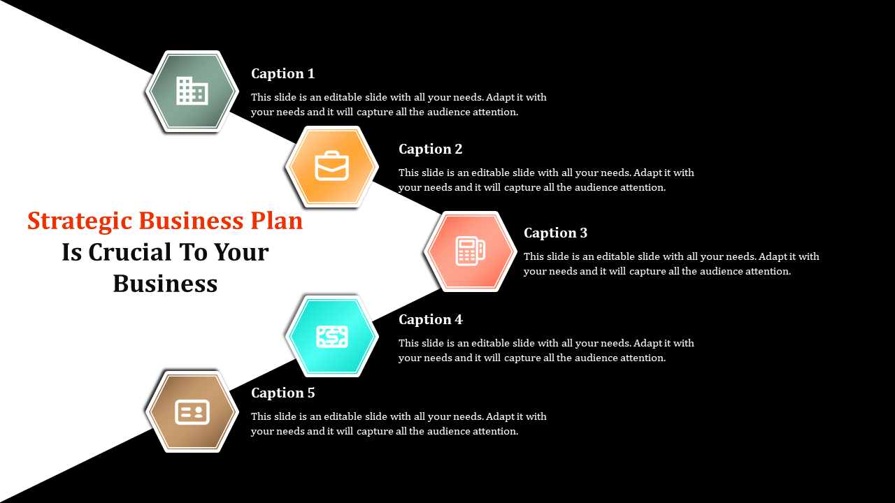 Five colorful hexagonal steps arranged around a central title on a white triangular overlay, set against a black background.
