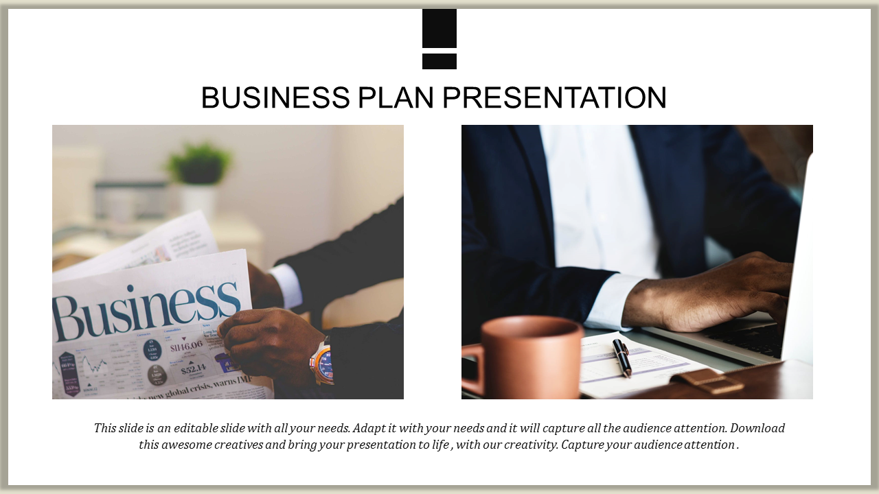 Two images showing a professional reading a newspaper on the left and working on a laptop with a coffee cup on the right.