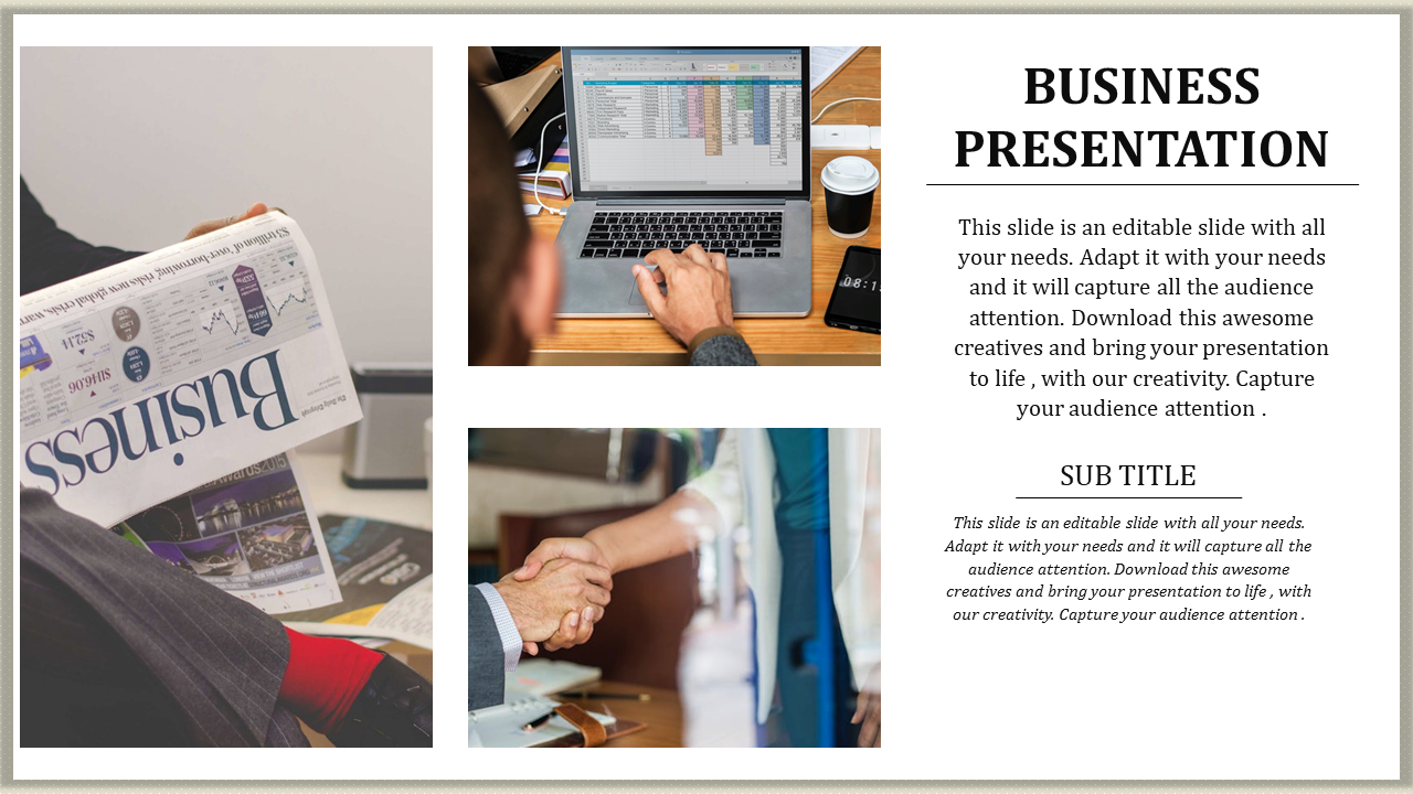 Professional business slide featuring a laptop with charts, a newspaper with graphs, and a handshake symbolizing agreement.