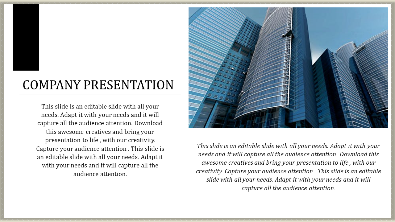 A professional company presentation slide featuring a modern city skyline on the right with content on the left.