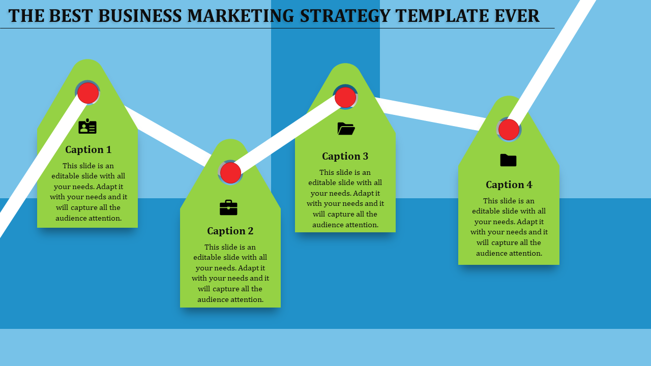 Four green tags with captions connected by a white upward line graph, showing milestones in a business strategy timeline.