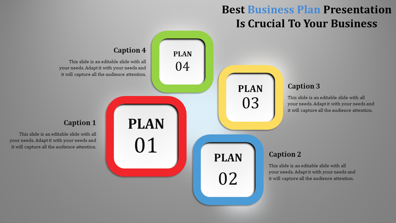 A colorful business plan presentation slide with numbered steps and captions for each stage of the business process.