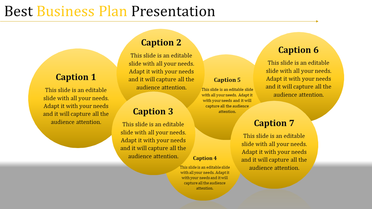 Business plan PowerPoint slide with seven yellow circular sections labeled caption 1 to 7, each with text.