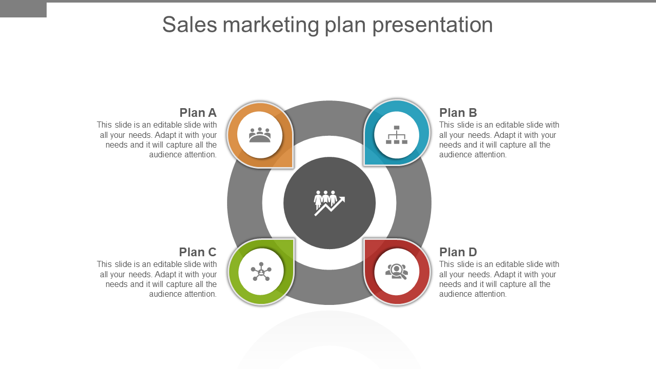 Sales marketing plan slide with four plans, including Plan A, B, C, and D, each with an associated icon and captions.
