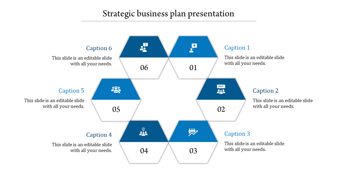 Strategic business plan template with a hexagonal layout, showing six steps labeled with numbers, icons, and captions.