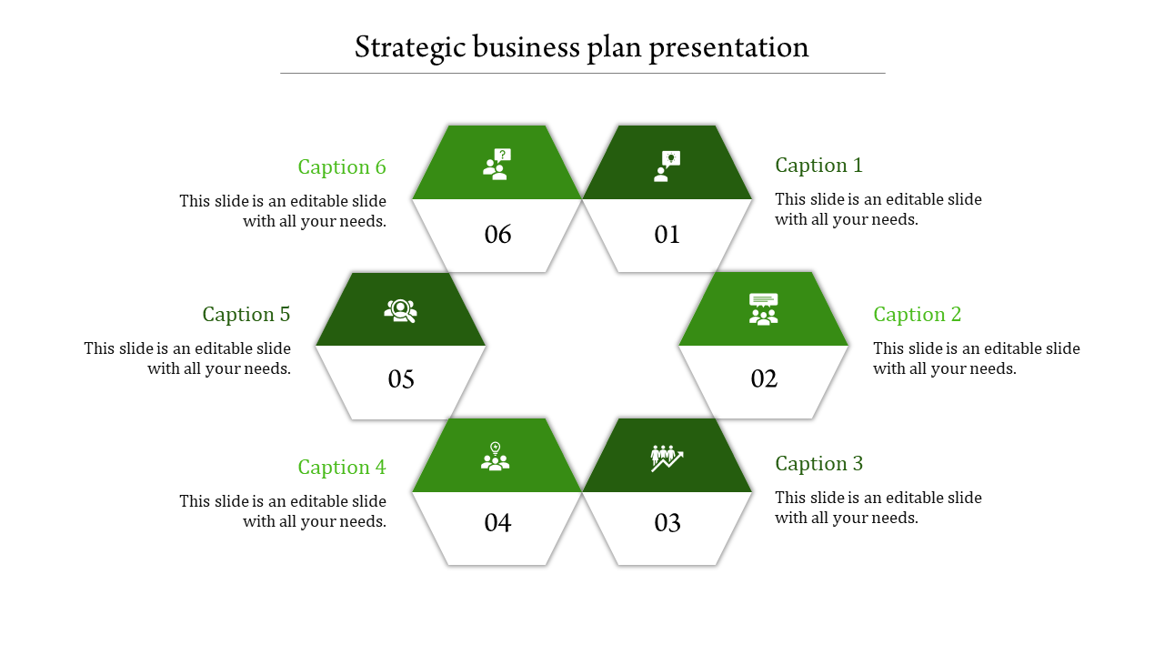 Green hexagonal infographic showcasing six business concepts with icons and text captions in a structured format.