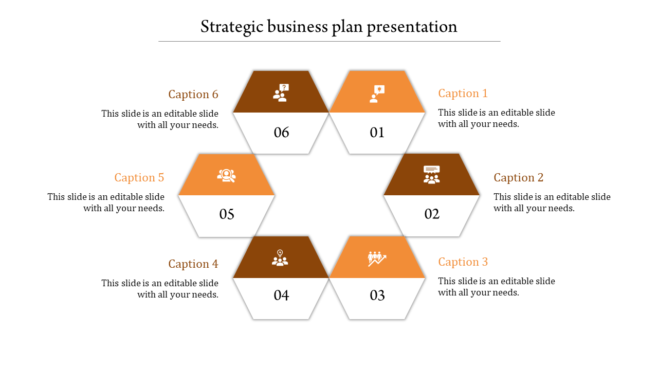 Strategic business plan template with six hexagons in alternating orange and brown shades, displaying icons and captions.
