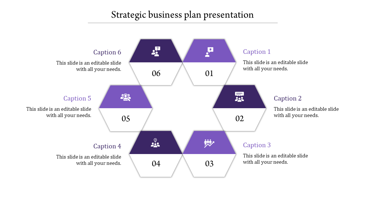 Hexagonal diagram in purple with six interconnected segments, each labeled with numbers, icons, and captions.