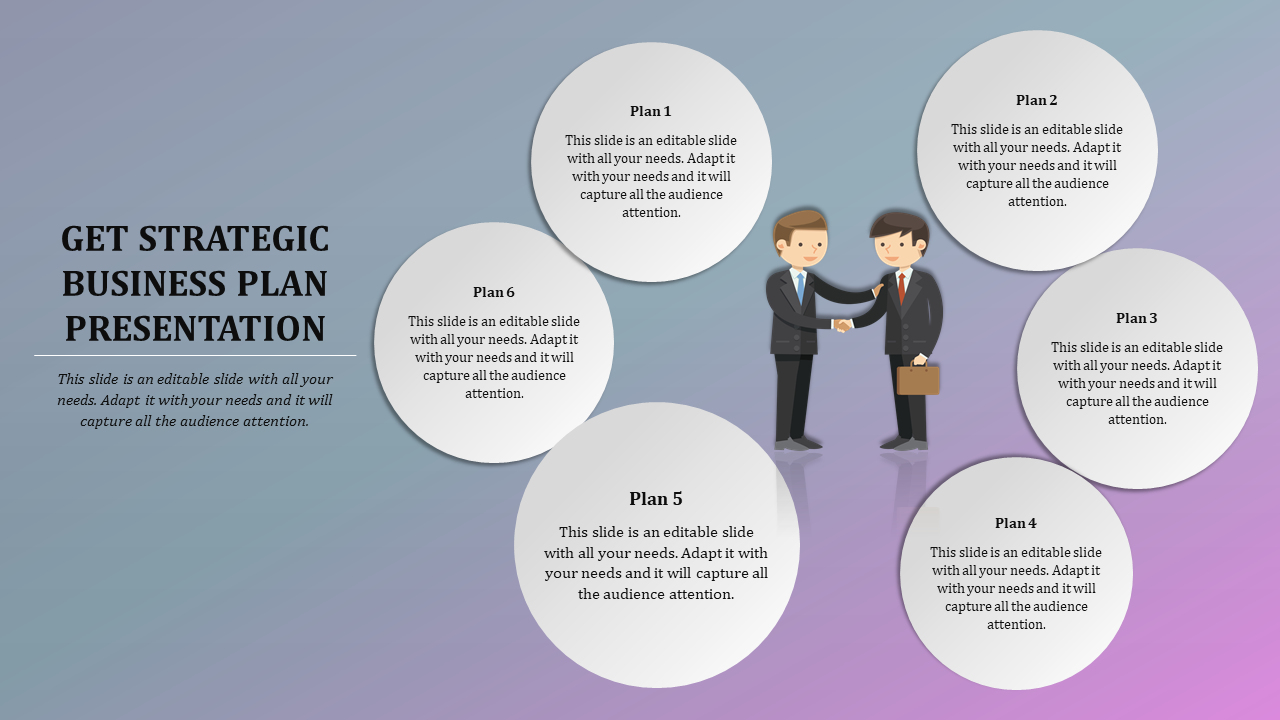 Slide featuring six white circular plans surrounding an illustration of two businessmen shaking hands in the center.