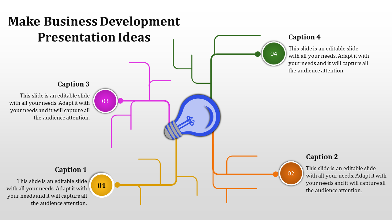 Business development template featuring a central lightbulb icon, with four pathways leading to caption areas.
