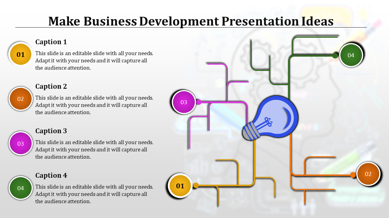Business slide showing a central light bulb graphic connected to four pathways with numbered captions areas. 