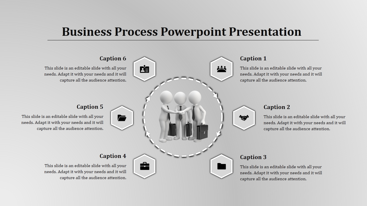 Business process slide with six captions around a central image of three 3D figures holding briefcases in a dotted circle.