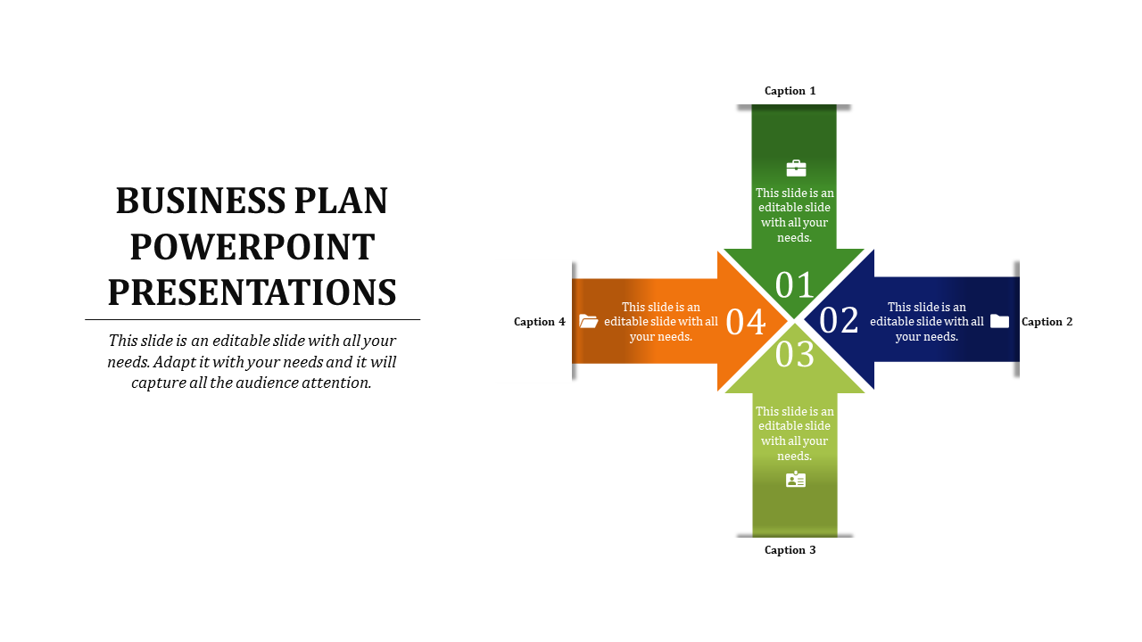 Business plan slide showing four directional arrows in green, blue, orange, and light green with numbers 01–04.