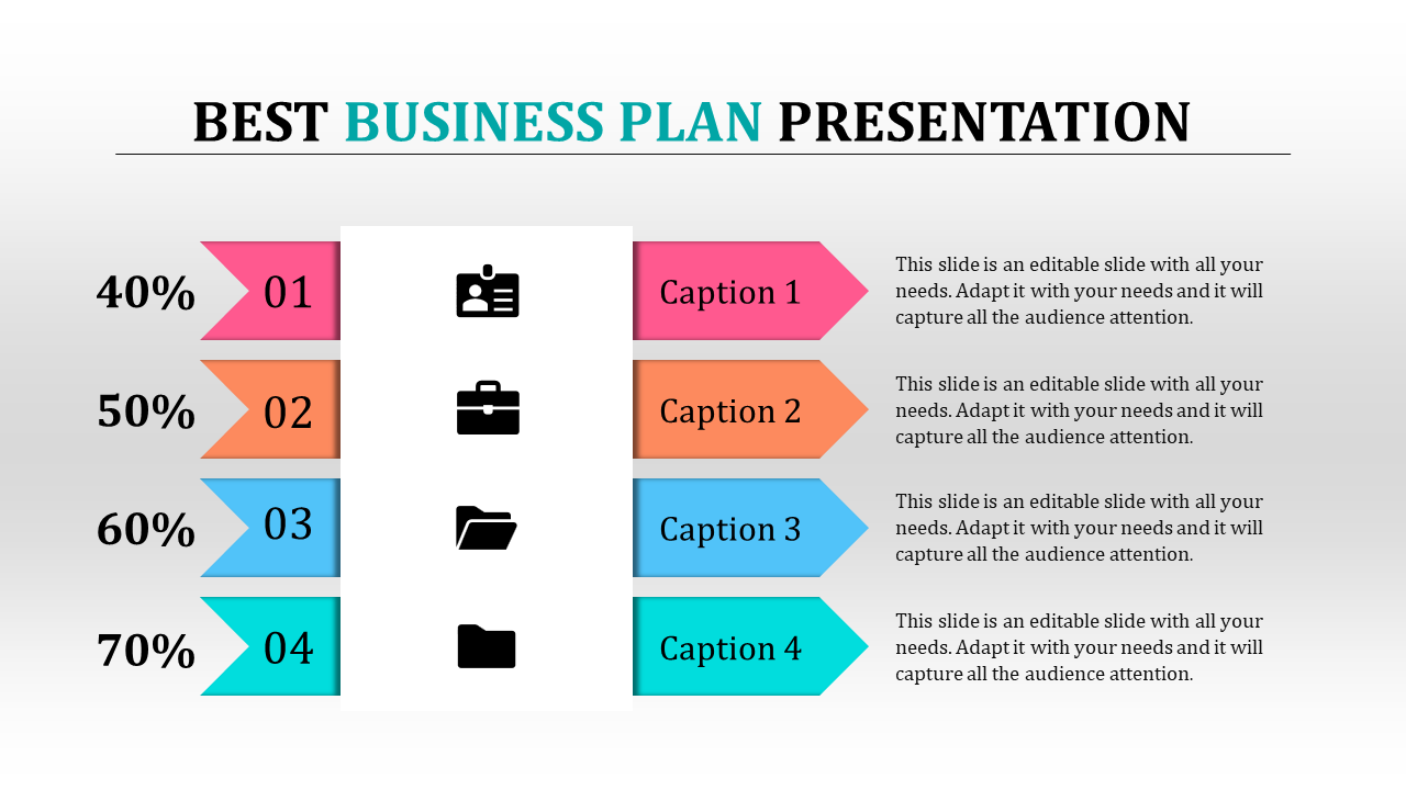 Slide with four colorful arrows in pink, orange, blue, and teal, each with percentages, and icons in a vertical layout.