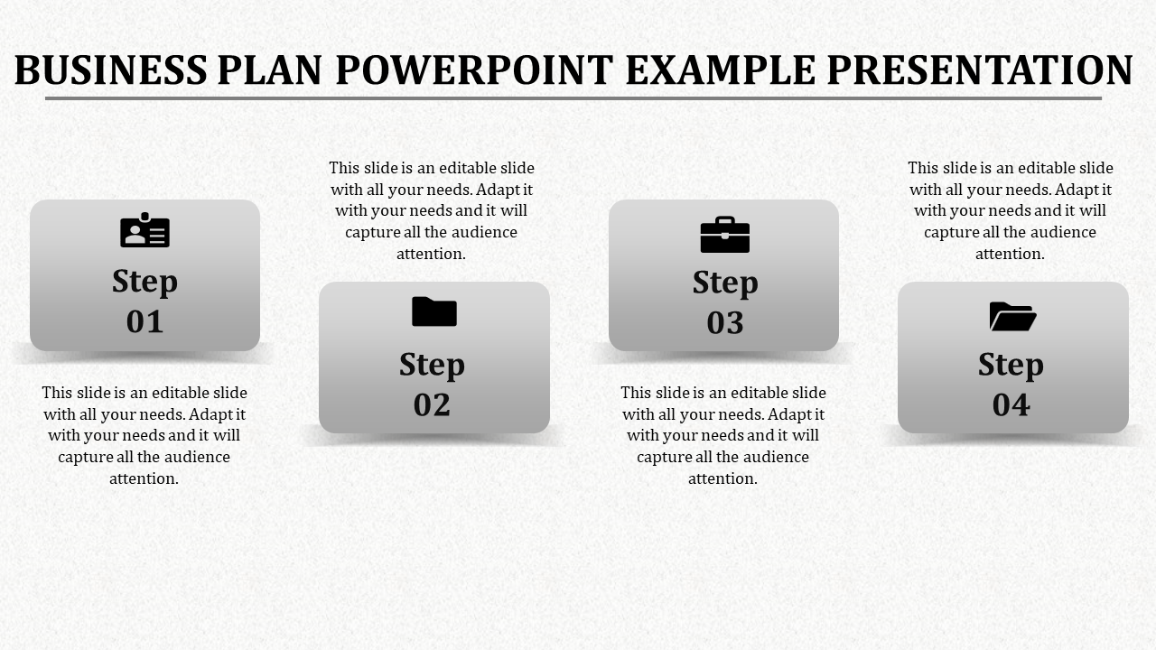 Business plan slide with four gray rectangular blocks labeled 01 to 04, featuring icons and text, on a white background.