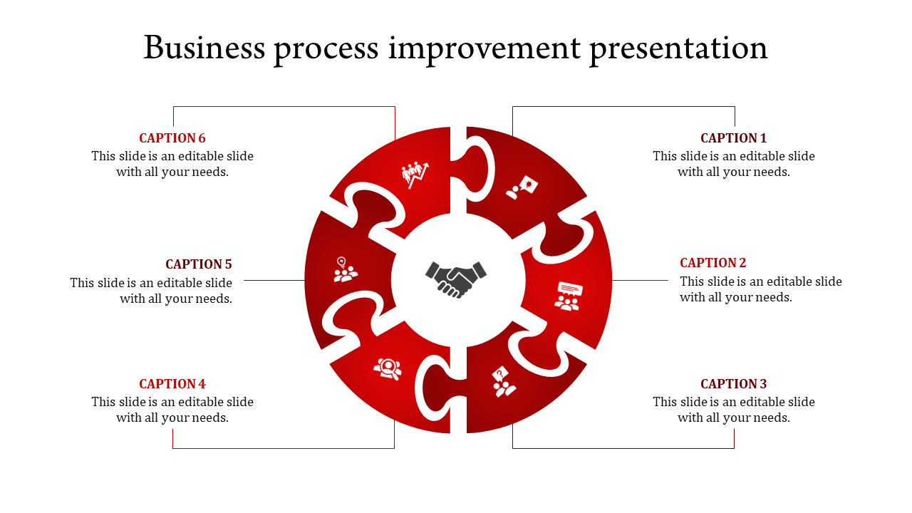 Red circular infographic with six interconnected puzzle pieces and corresponding captions around it.