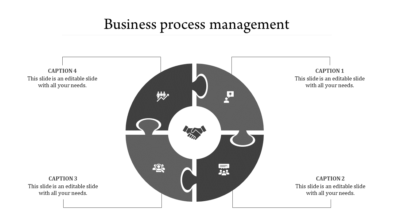 Four part gray circular puzzle with business themed icons and a handshake icon at the center representing unity.