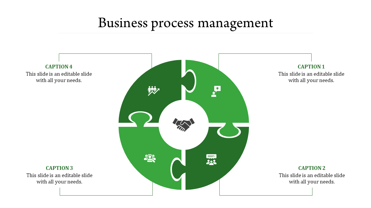 Green circular diagram with four puzzle pieces, featuring business related icons, and a central handshake symbol.