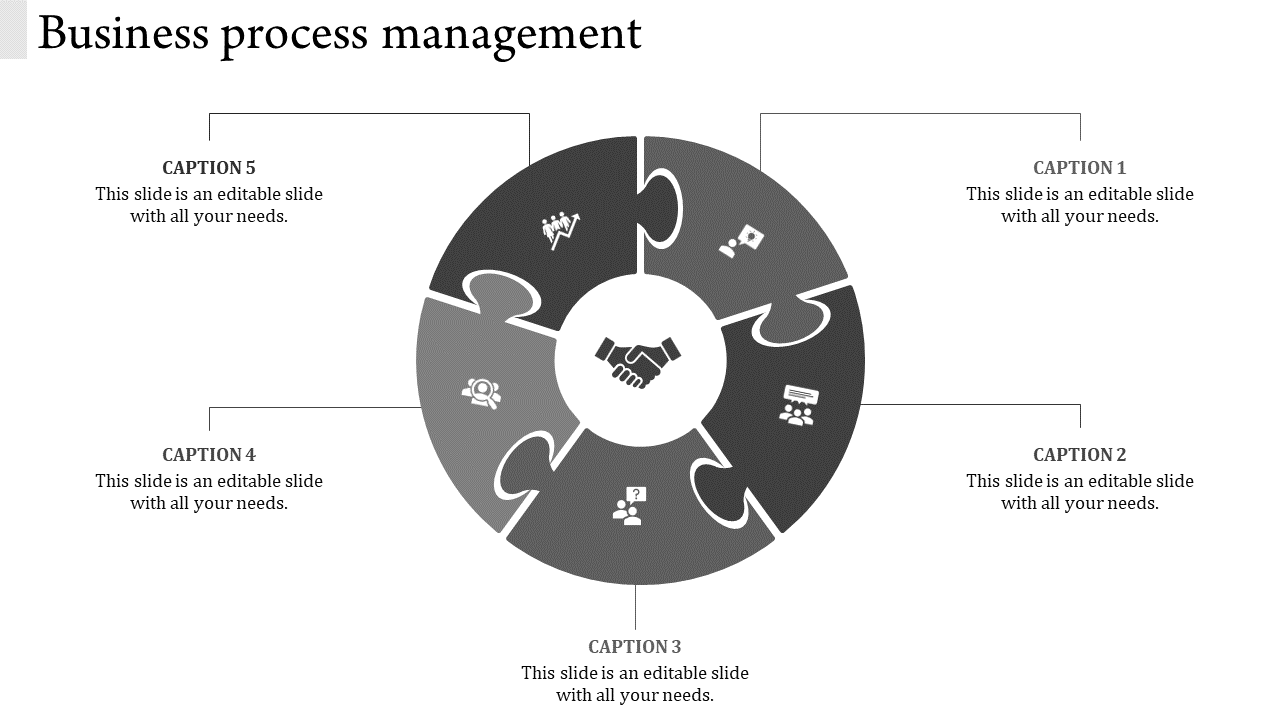 Gray circular puzzle layout with five segments, business icons in each section, and a central handshake symbolizing unity.