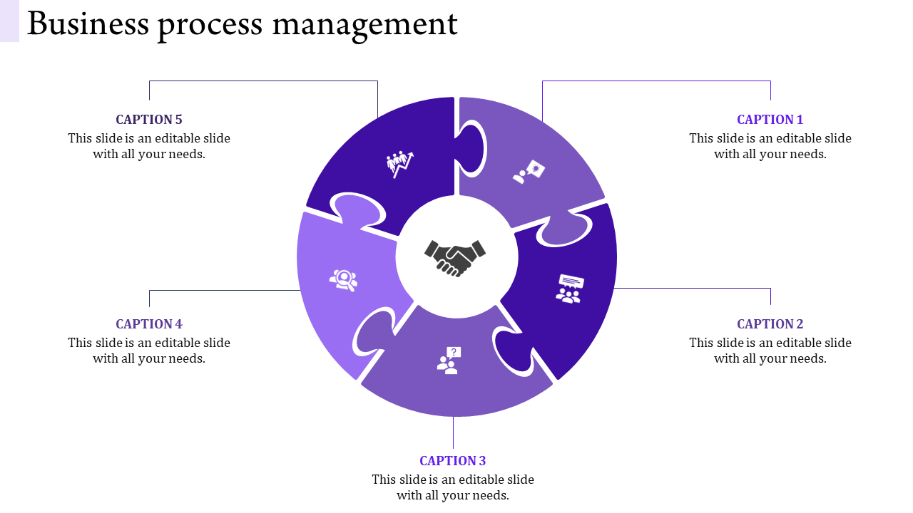Business process management slide featuring a central handshake icon and five purple puzzle pieces with caption areas.