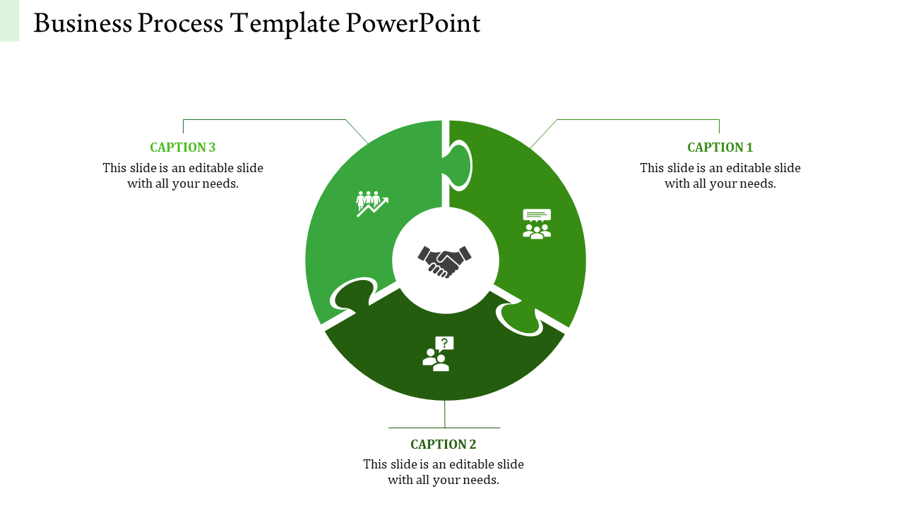 Three section green circular puzzle with business related icons and a handshake in the center.