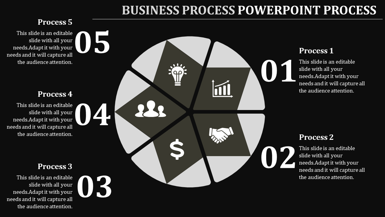 Business process PowerPoint slide showing a wheel with icons and numbered steps for processes on a dark backdrop.