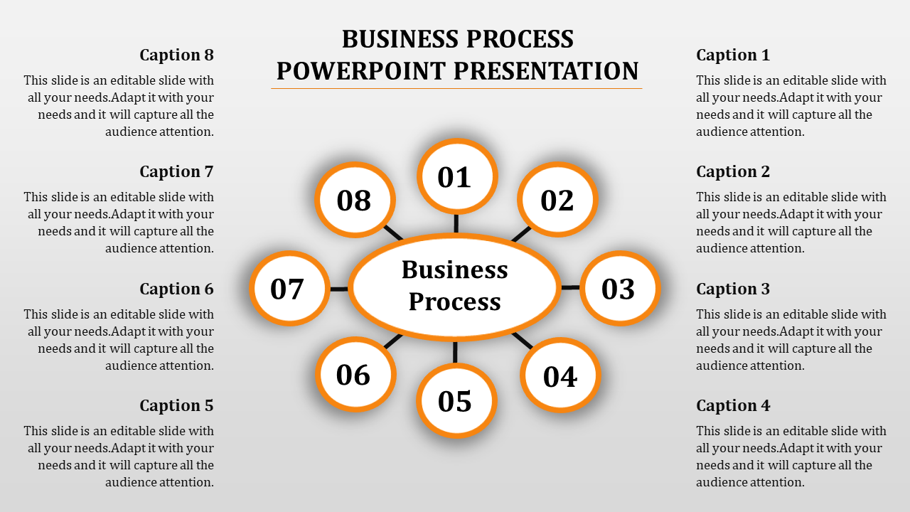 Business process PPT template with a circular design featuring eight numbered sections around a central label.