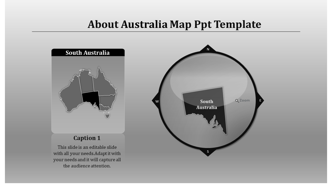 Gray map of Australia highlighting South Australia with a zoomed in view in a compass circle.