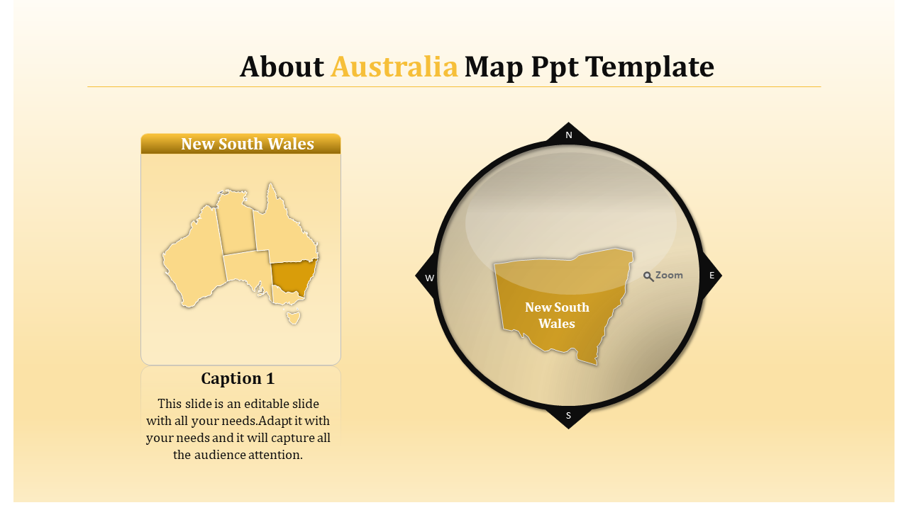 Australia map with New South Wales emphasized in gold; detailed zoom of the state shown on the right.