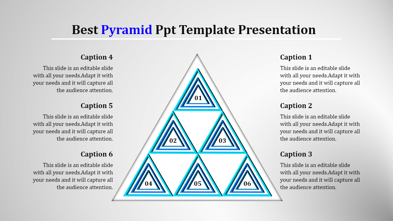 Slide featuring a blue and white triangle divided into six parts, with captions aligned around it.