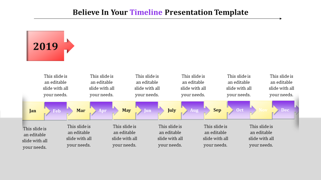 Horizontal timeline template for 2019, showing months in yellow and purple arrows with placeholder text beneath.