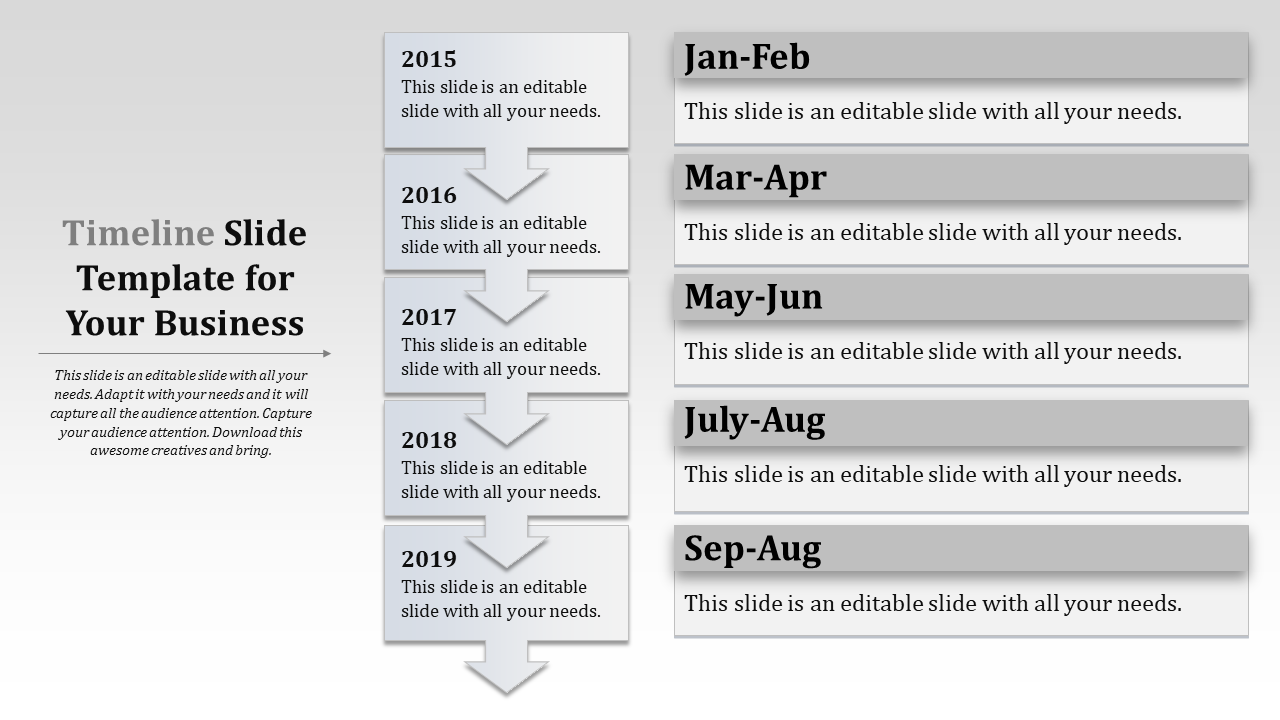 Gray timeline slide with vertical years 2015 to 2019 on the left and months listed horizontally on the right.