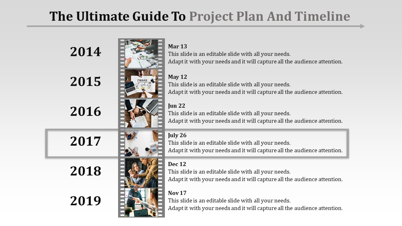 Timeline slide from 2014 to 2019 with dates, descriptions, and filmstrip photos aligned vertically, with 2017 is highlighted.